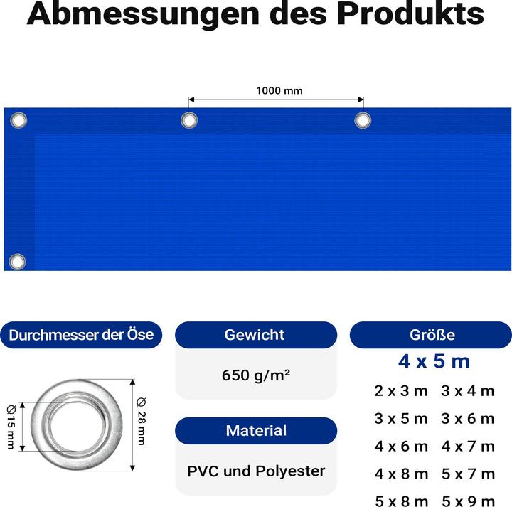 Image du produit Wiltec Bâche de couverture résistante aux intempéries bleu 4x5m polyester bâche de jardin 650g/m² oeillets (4 x 5 m)