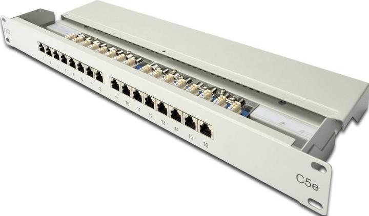 Produktbild Digitus CAT 5e Class D Patch Panel geschirmt 16-Port RJ45 8P8C LSA 1HE Rack Mount Farbe Grau RAL 7035