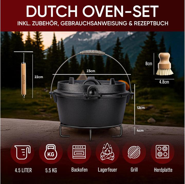 Immagine prodotto Gusskönig Dutch Oven Set 4.5 l mit Heber, Bürste, Untersetzer