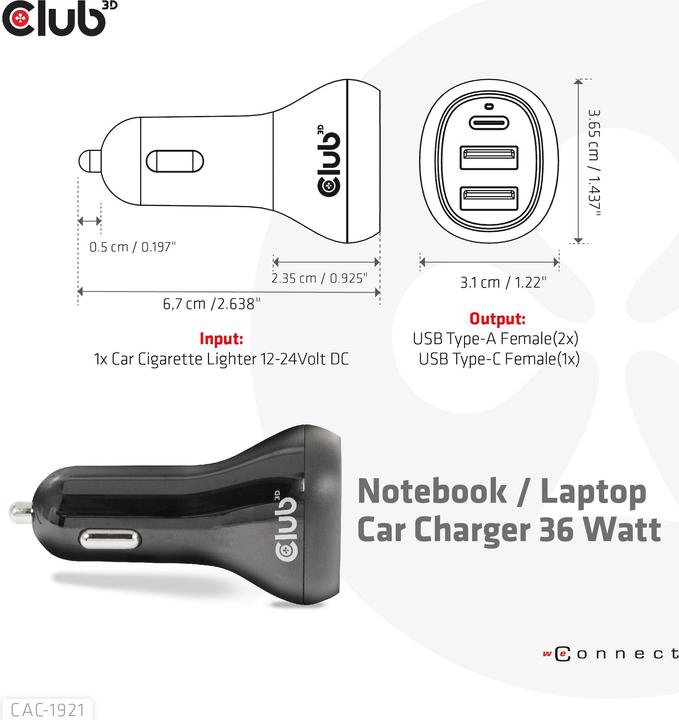Produktbild Club 3D Club3D USB KFZ-Ladegerät 1xUSB C, 2xUSB A, 36W, 12/24V retail
