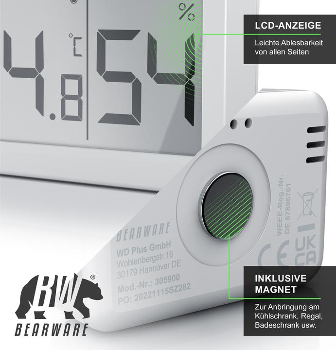 Produktbild Bearware 4x Thermometer & Hygrometer, Temperatur & Luftfeuchtigkeit Messgerät, LCD-Anzeige, Magnethalter