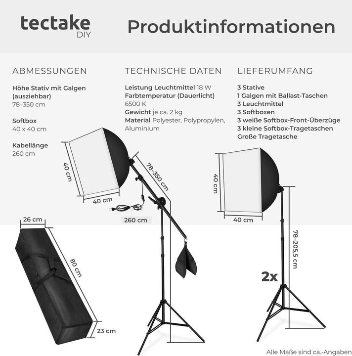 Produktbild tectake 3 Studioleuchten mit Softbox, Stativ und Tasche (Studioleuchte)