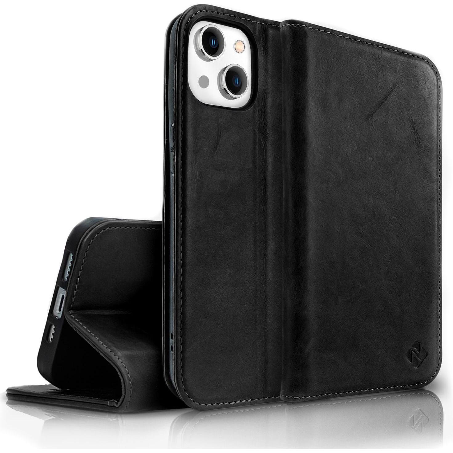 Nalia Echt-Leder Flipcase (Apple iPhone 14), Smartphone Hülle, Schwarz