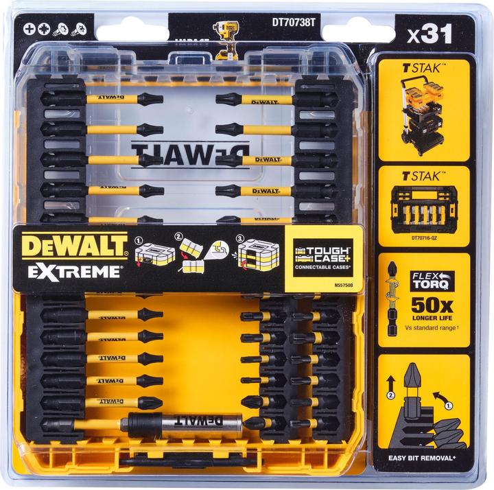 Actual product image DeWalt Set of impact tips DT70738T, 31 pcs. (Hexagon socket TX M10, Hexagon socket TX M15, Hexagon socket TX M20, Hexagon socket TX M30, Cross Phillips PH M2, Hexagon socket TX M25, Cross Pozidriv PZ M2)