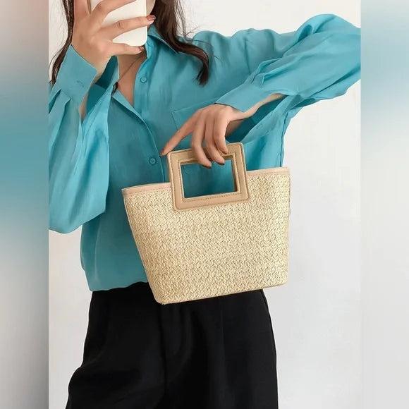 Produktbild Only-Bags.Store Stroh gewebt Handtasche, Boho Style Tote Bag, Sommer Tasche für Frauen, Stroh Kontrast Handtasche