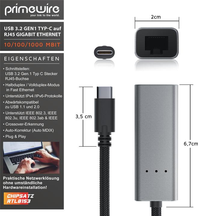 Immagine prodotto Primewire Adattatore di rete, adattatore di rete da USB-C a RJ45 Gigabit, convertitore di scheda di rete (USB-C 3.2 Gen 1, RJ45 (1x))
