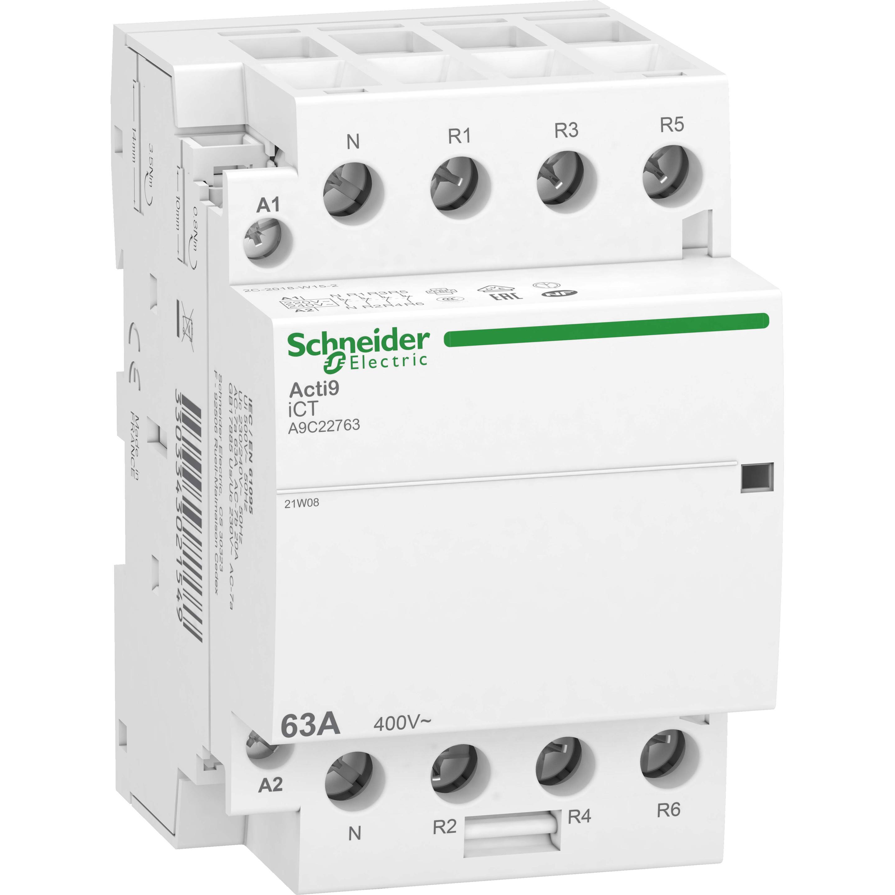 Schneider Electric SE A9C22763 InstallationsschÃ¼tz iCT, 63A, 3P+N, 4-Ãffner Kontakte, 220/240V 50Hz, Relais