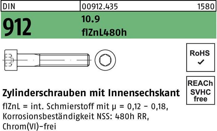 Produktbild Zylinderschraube DIN 912 m.Innensechskant M 12 x 110 10.9 flZnL/nc/x/x/480h/C (50 Schrauben pro Stück)
