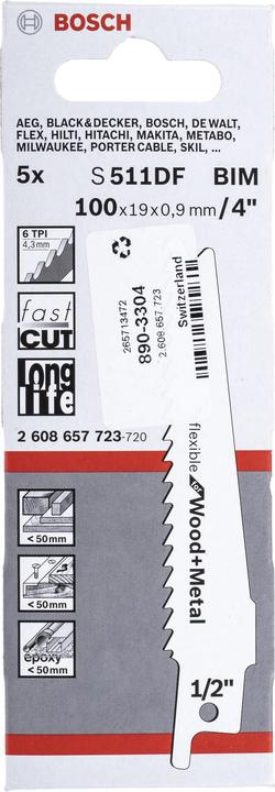 Actual product image Bosch Professional Zubehör Sabre saw blade S 511 DF, Flexible for Wood and Metal, pack of 5
