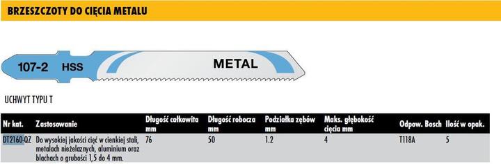 Produktbild DeWalt Jigsaw blades T type HSS76x50mm 5pcs. for metal (DT2160)