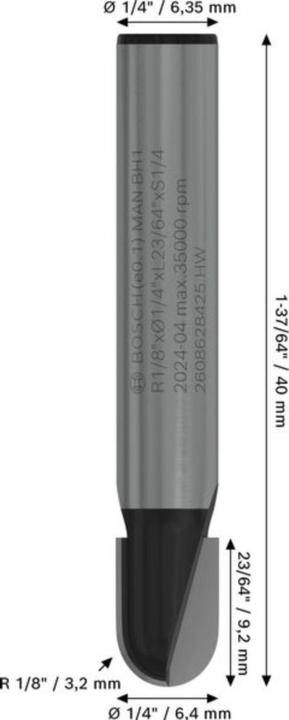 Actual product image Bosch Professional Zubehör Fillet cutter, 1/4-inch, R1 3.2 mm, D 9.5 mm, L 9.2 mm, G 40 mm. For hand milling