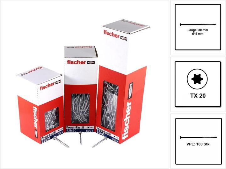 Produktbild Fischer Power-Fast II FPF II Spanplattenschraube 5,0x80 mm 100 Stück ( 670382 ) Senkkopf mit Torx Te (100 Schrauben pro Stück)