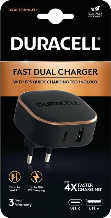 Produktbild Duracell USB + USB-C Wall Charger 30W (Black) (30 W, 2 Ports)