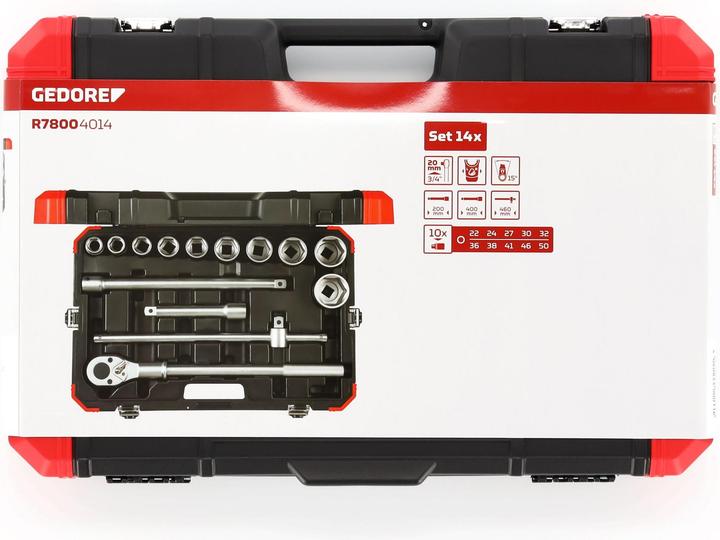Produktbild Gedore Red red Steckschlüsselsatz, 14-teilig, Mit Umschaltknarre, Ratsche, Steckschlüssel, 3/4" (32 mm, 45 mm, 24 mm, 50 mm, 41 mm, 43 mm, 44 mm, 22 mm, 33 mm, 23 mm, 34 mm, 42 mm, 27 mm, 31 mm, 35 mm, 46 mm, 26 mm, 37 mm, 30 mm, 39 mm, 48 mm, 38 mm, 28 mm, 49 mm, 29 mm, 40 mm, 25 mm, 47 mm, 36 mm)