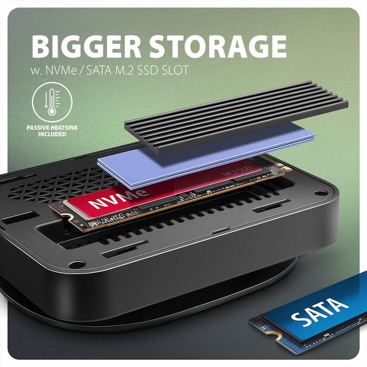 Produktbild Axagon HMC-UFO USB-C Hub, M.2 SATA/NVMe, 1 Gbit/s Ethernet, 384 kHz Audio - schwarz/silber (USB-C, 1 Port)