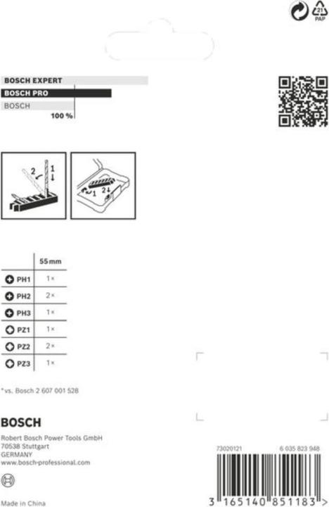 Produktbild Bosch Professional Zubehör PRO Impact gemischtes Set, PH1, PH2(x2), PH3, PZ1, PZ2(x2), PZ3, 55 mm, 8-tlg. (Innensechskant, Kreuz Pozidriv PZ)