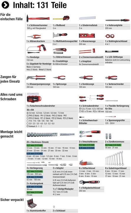 Produktbild Metafranc WU8971470 Heimwerker Werkzeugkoffer bestückt 131teilig (B x H x T) 320 x 140 x 460mm (131 Teile)