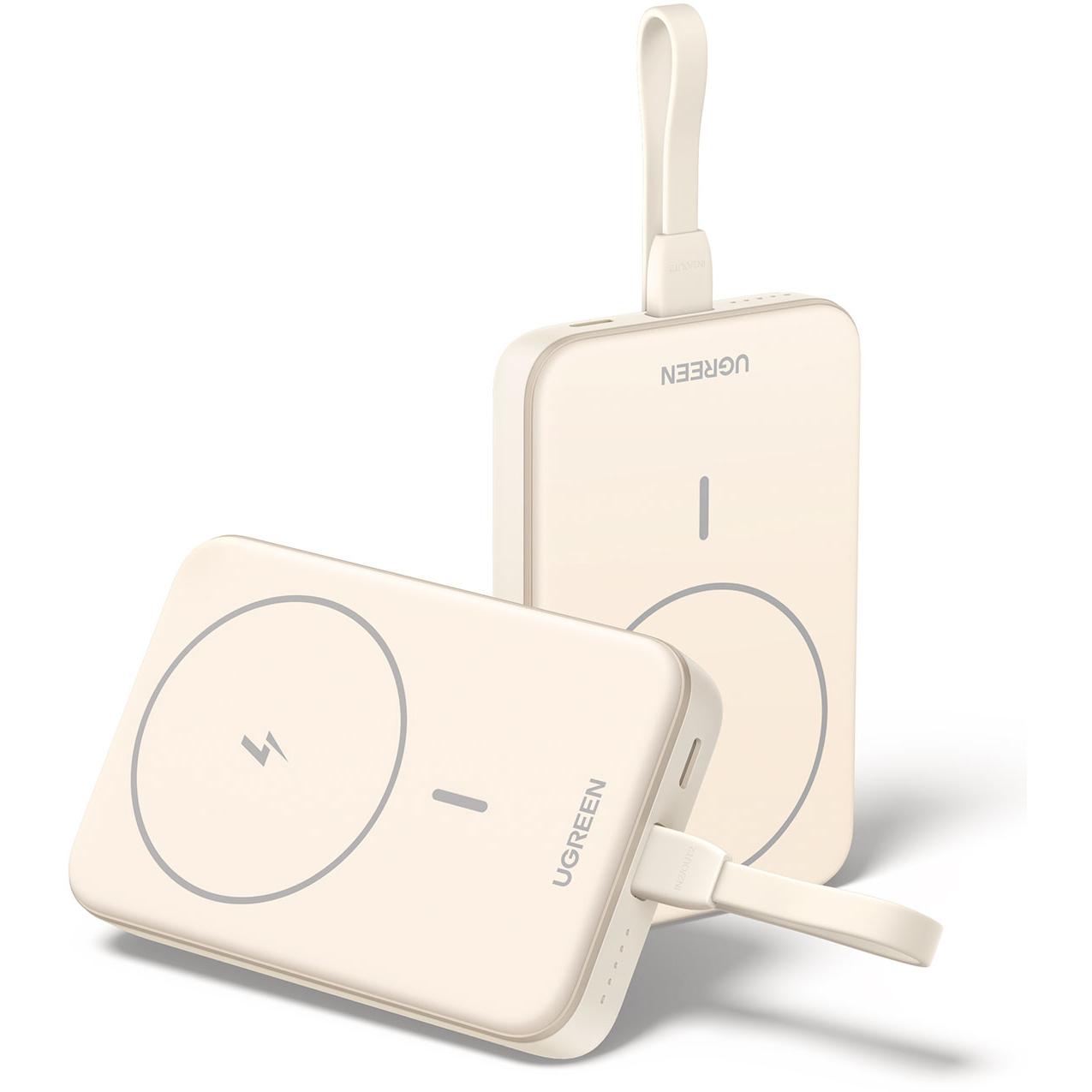 Ugreen Magnetic Power Bank 10000mAh PB760, PD 20W, Magsafe + USB-C Cable (10000 mAh, 20 W, 37 Wh), Powerbank, Bianco