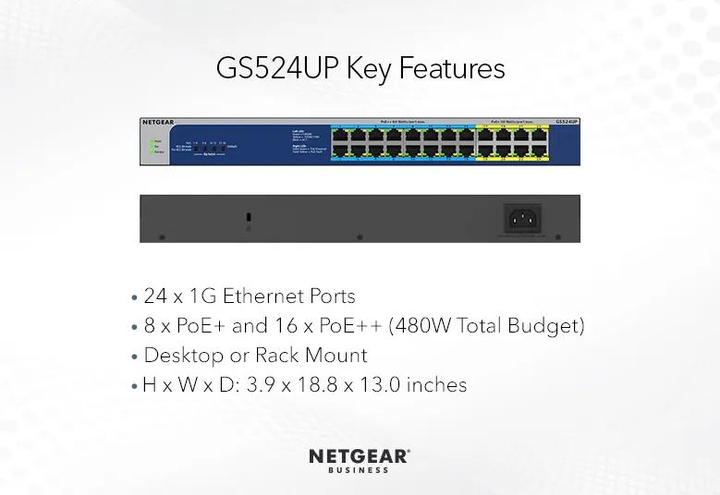 Actual product image Netgear 24-Port Gigabit Ethernet High Performance POE + Unmanaged Switch with POE ++ - Ports (24 ports)