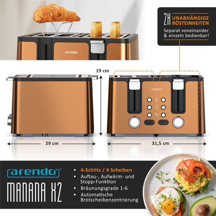 Image du produit Arendo Toaster 4 Scheiben Kurzschlitz, Automatik, Wärmeisolierendes Doppelwandgehäuse, Edelstahl, 1750 W