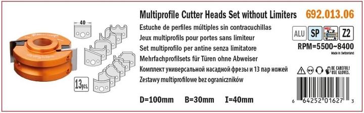 Productafbeelding CMT 692.013.06 Profilmesserkopf ohne Stopper 100x30x40 mm ALU MEC + 13 Messer