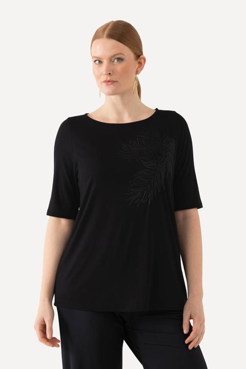 Actual product image Ulla Popken Sequined Leaf Motif 3/4 Sleeve Tee (42, 44)