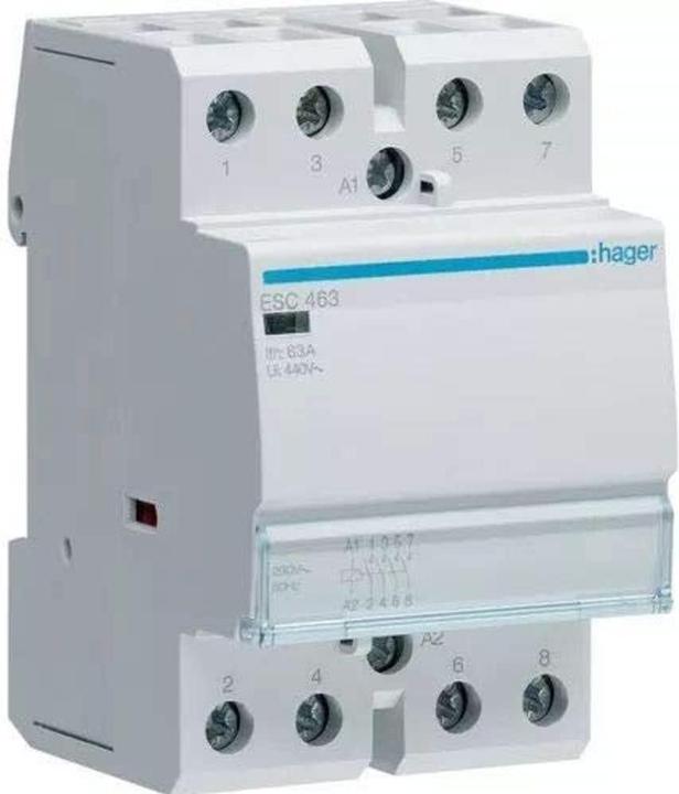 Hager ESC463. Contactstroombelastbaarheid: 63 A, kabeldoorsnede: 4/16 mm², temperatuurbereik in bedrijf: