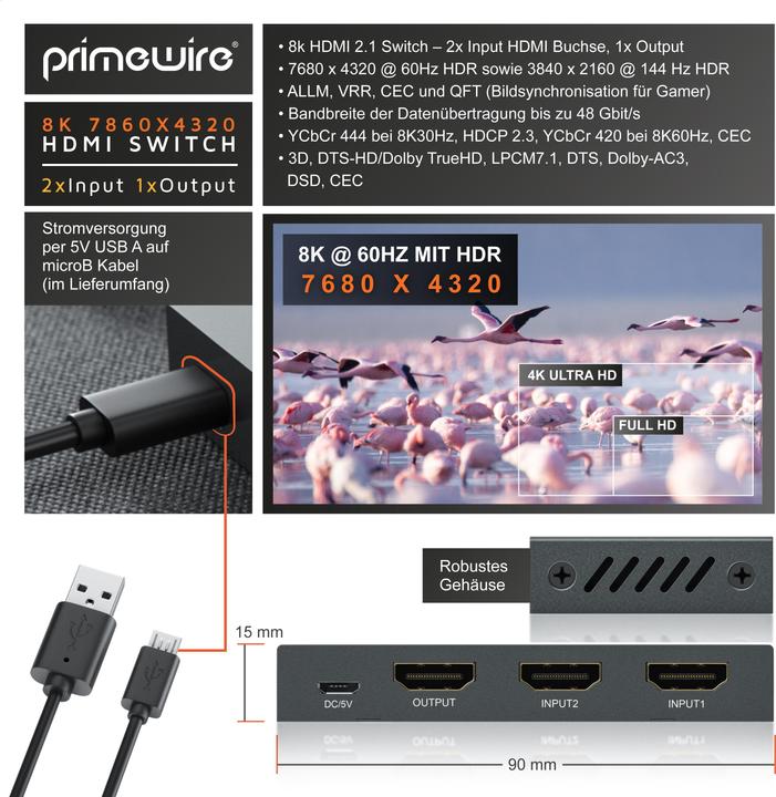 Actual product image Primewire 2-port HDMI 2.1 switch, 8K switch, 2 in 1 Out UHD, splitter with remote control, UHD 8k 4k 60 Hz