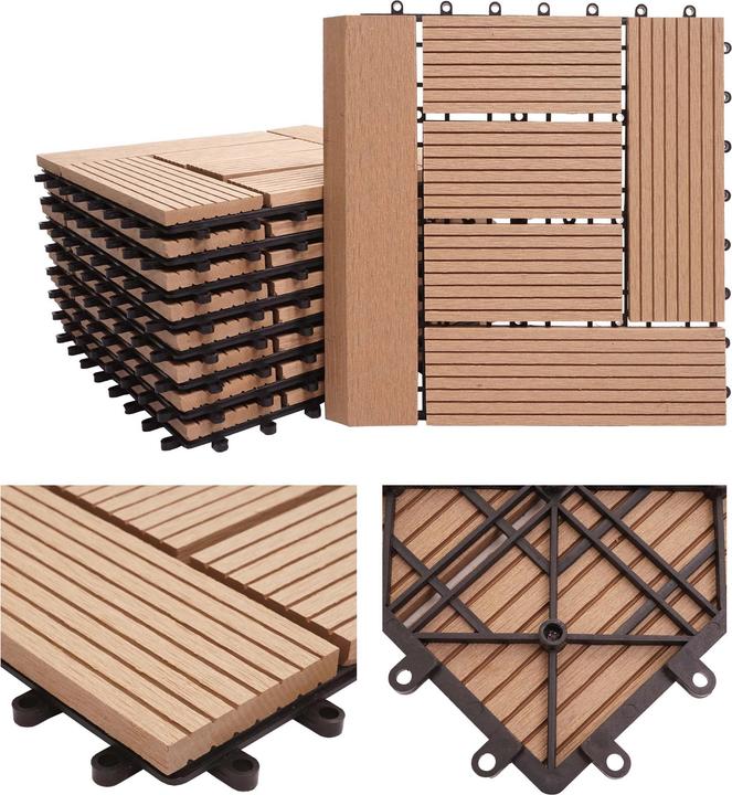 Produktbild Swisshandel24 WPC Bodenfliese Rhone + Abschluss, Holzoptik Balkon/Terrasse, 11x je 30x30cm = 1qm Premium teak ve (11 x, 30 x 30 cm)