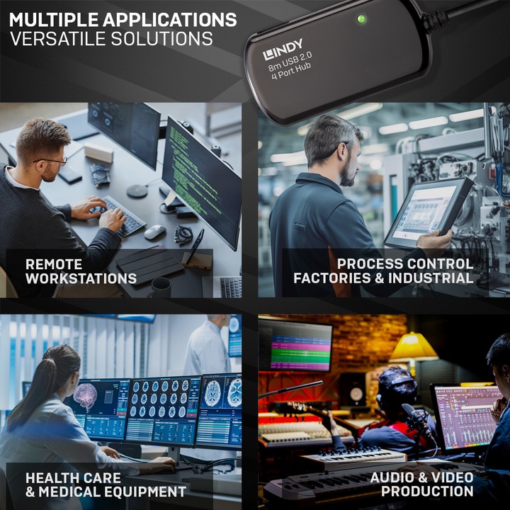 Produktbild Lindy USB 2.0 Aktiv-Verlaengerung Pro 8m inklusive 4 Port USB-Hub (USB-A, 4 Ports)