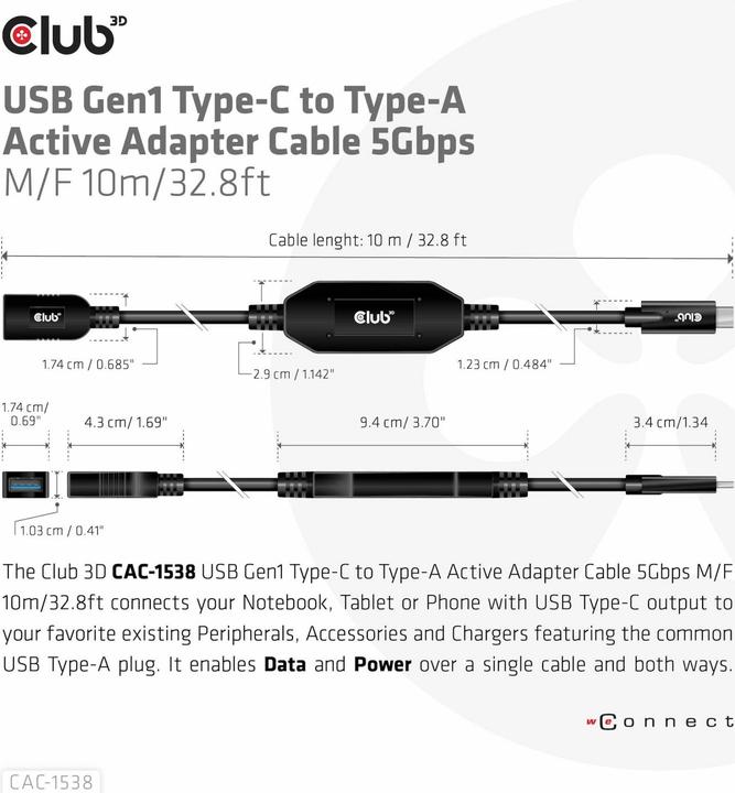 Produktbild Club 3D Club3D Kabel USB 3.2 Typ C <> USB Typ A St/Bu (10 m)