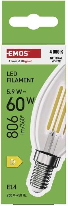 Produktbild Emos LED Lampe Filament Candle / E14 / 5,9 W (60 W) / 806 lm / Neutral Weiss (E14, 806 lm, 1x)