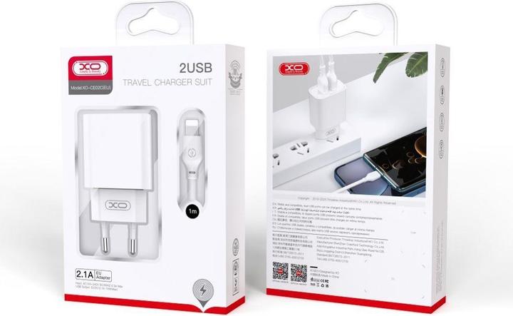 Produktbild xO Wandladegerät CE02C 2x USB 2,1A weiss + Lightning Kabel (10.50 W, 2 Ports)