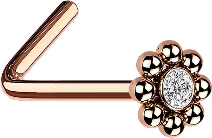 Actual product image Star Piercing Nasenstecker gewinkelt rosegold Blume mit Kugeln und Kristall (without brass, Surgical steel 316L)