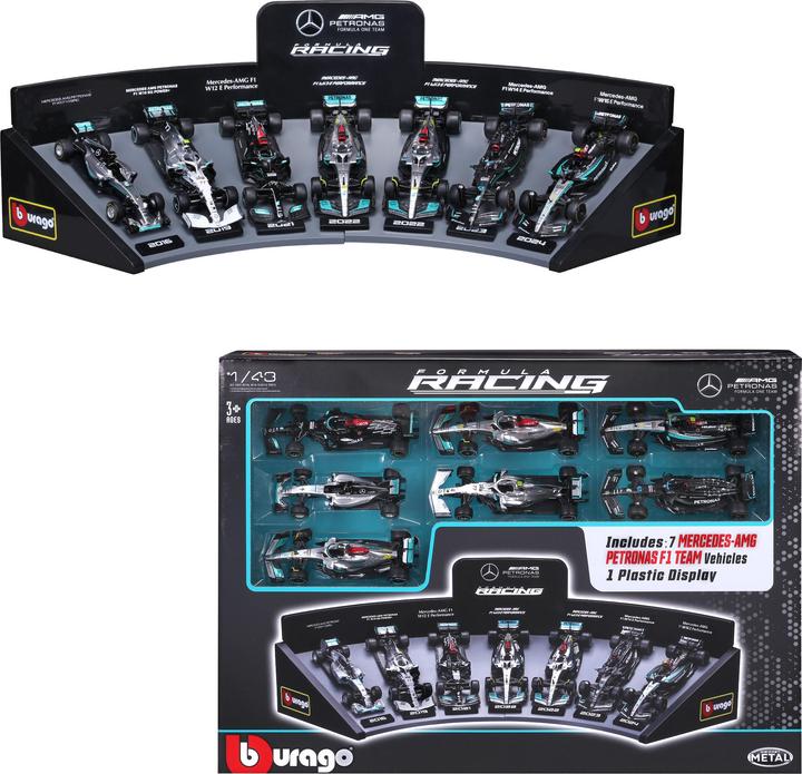 Produktbild Bburago F1 7er-Set Displaykurve Mercedes AMG Petronas 1/43