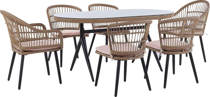 Actual product image Beliani Garden Furniture Set Rattan Natural 6-Seater Cushions Pink ALIANO II (159 cm)