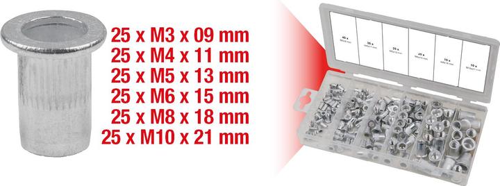 Produktbild KS Tools Sortiment Gewindenieten, Aluminium, M3x9mm-M10x21mm, 150-tlg.