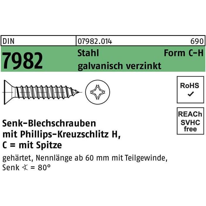 Schrauben, Senkblechschraube DIN 7982 m.Kreuzschlitz-PH/Spitze C 2,9 x 19 -H Stahl galvanisch verzinkt (100 Schrauben pr...