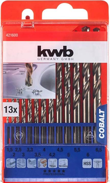 Actual product image kwb COBALT Twist drill set 13 pcs. (1.5 mm, 2 mm, 2.5 mm, 3 mm, 3.5 mm, 4 mm, 4.5 mm, 5 mm, 5.5 mm, 6 mm, 6.5 mm, 3.3 mm, 4.2 mm)