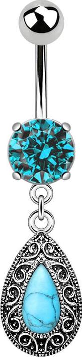 Produktbild Star Piercing Banane silber mit Anhänger Vintage Design und ovalem türkis Stein aqua (Messing, Chirurgenstahl 316L)