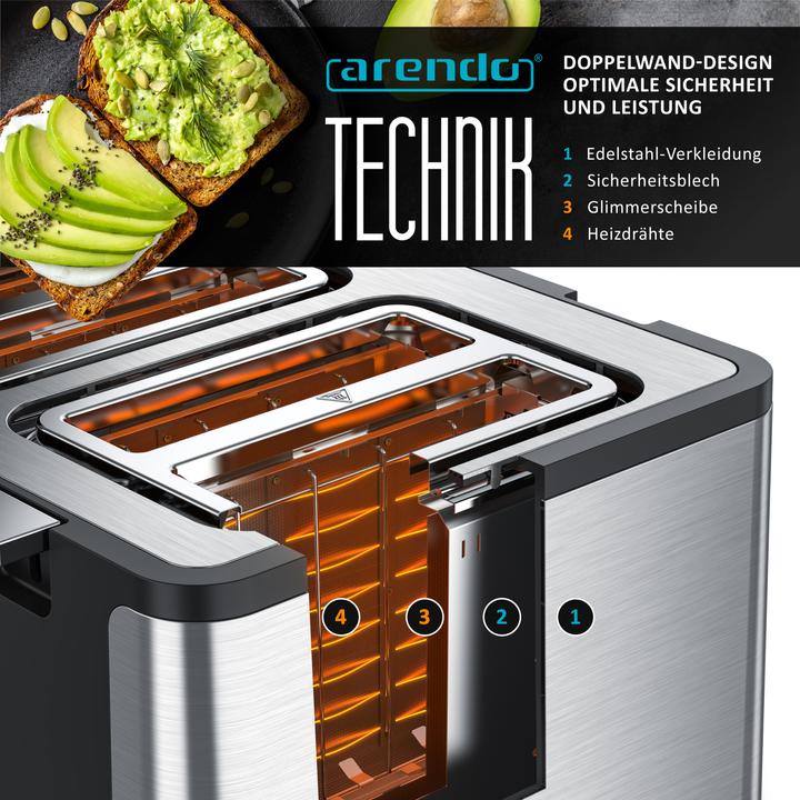 Produktbild Arendo Toaster 4 Scheiben Kurzschlitz, Edelstahl, Automatik, Wärmeisolierendes Doppelwandgehäuse, 1750 W