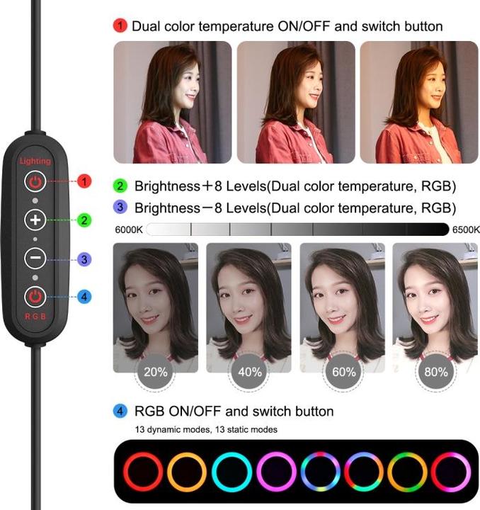 Image du produit Puluz Lampe annulaire de 26 cm Marquee LED RGBWW Selfie Ring Light + support de trépied & télécommande & (Éclairage annulaire)