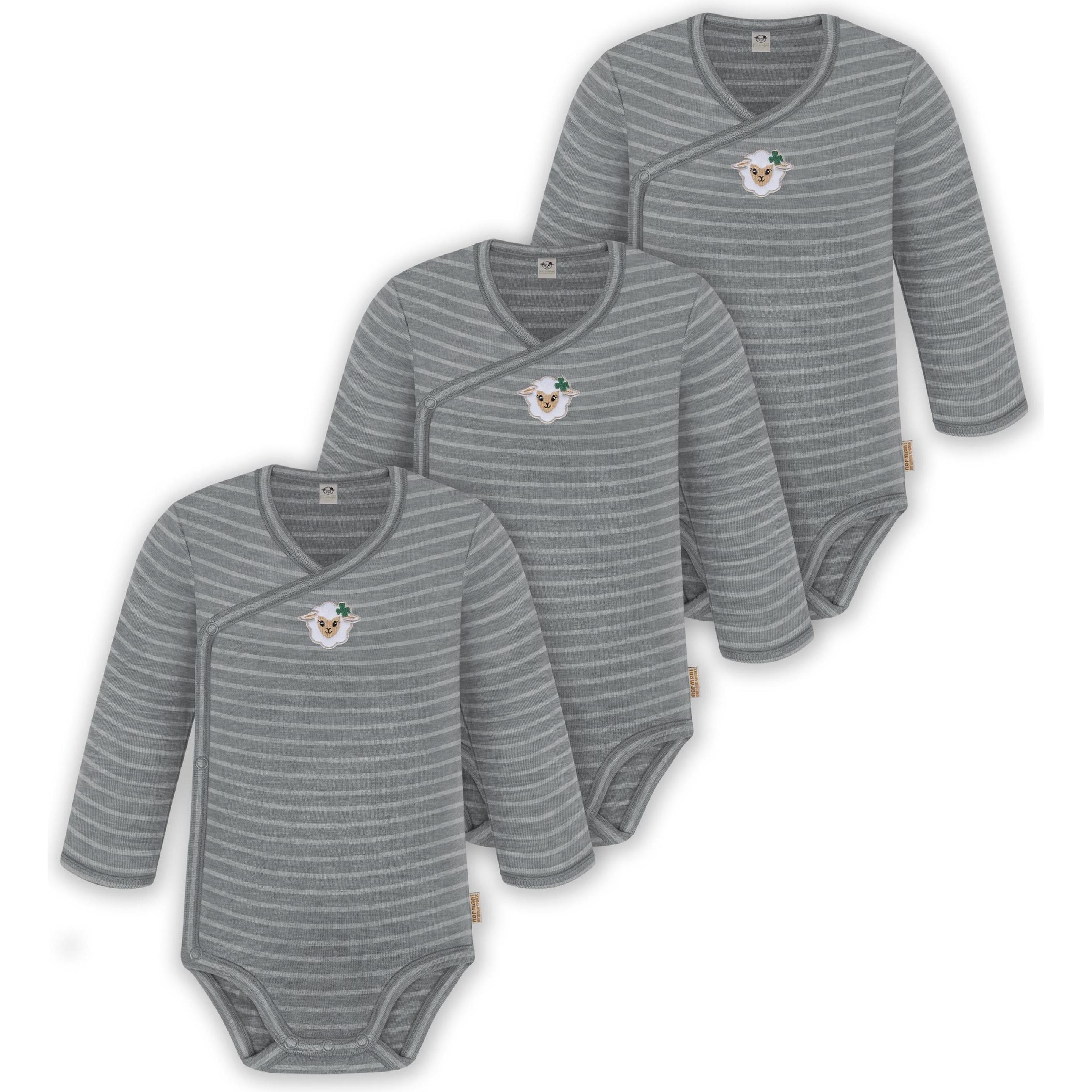 Normani, Herren, Body, 3er Pack Multipack Baby-Body Merino Wickelbody Langarmbody mit Knöpfen - 9345, Grau, (68)