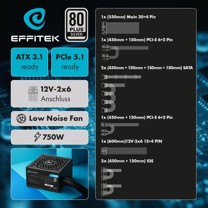 Actual product image Effitek Netzteil 750W Silver ATX 3.1, PCI 5.1 (750 W)