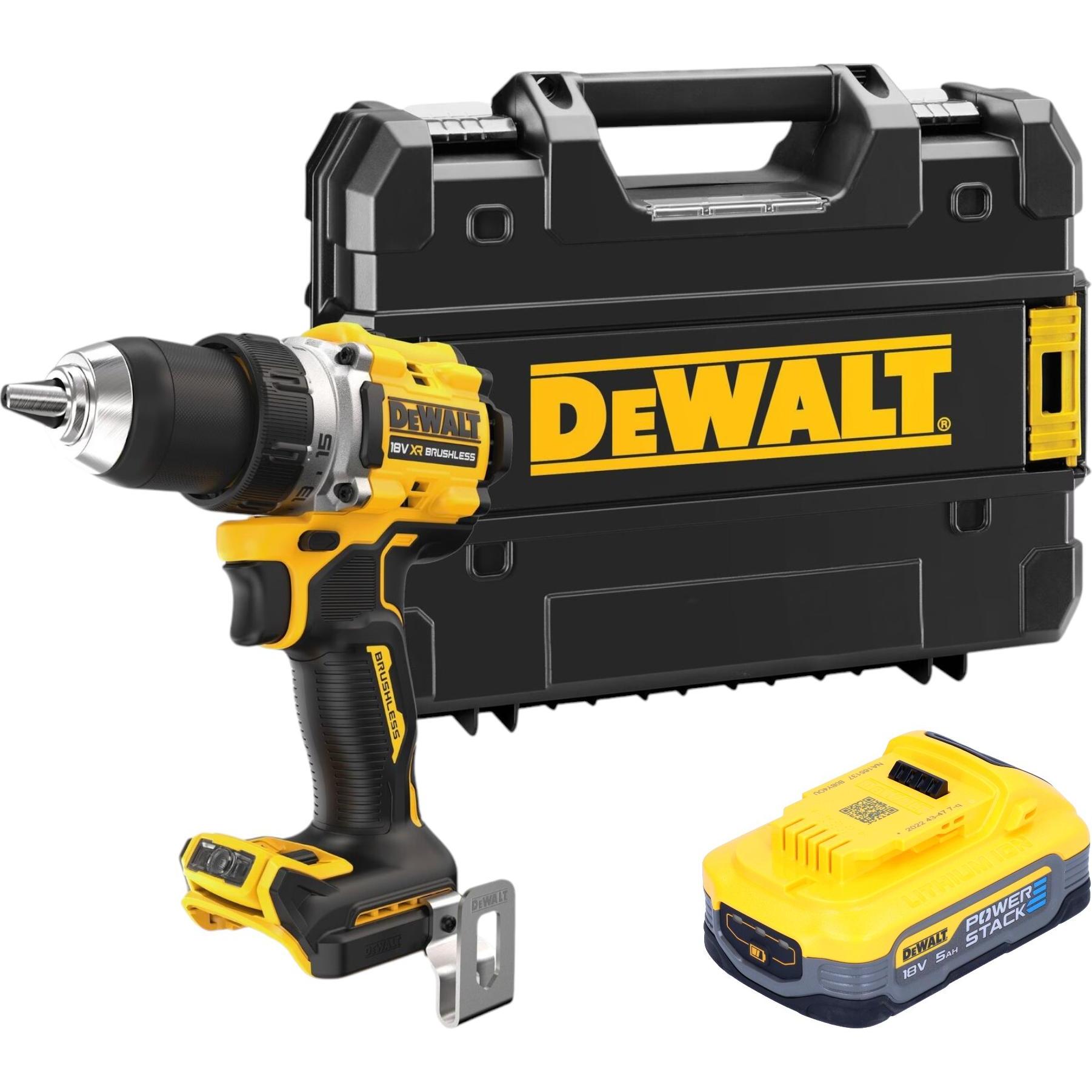 DeWalt, Bohrmaschine + Akkuschrauber, DCD 800 NT Akku Bohrschrauber 18 V 90 Nm Brushless + 1x Powerstack Akku 5,0 Ah + T...