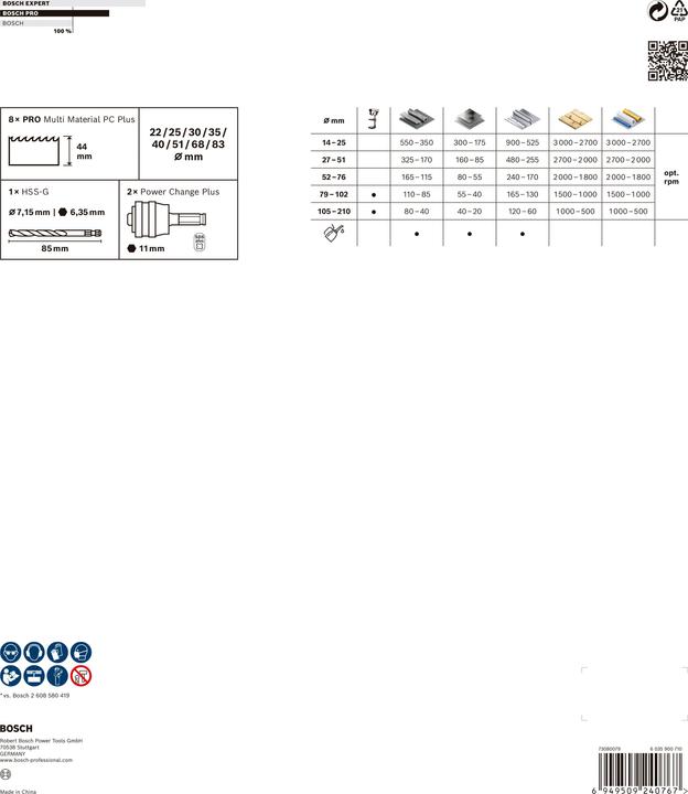 Nährwerte und Zutaten Bosch Professional Zubehör PRO Multi Material PC Plus Lochsägen-Set, 11-tlg. (83 mm, 30 mm, 68 mm, 40 mm, 35 mm, 22 mm, 51 mm, 25 mm)
