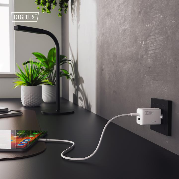 Productafbeelding Digitus USB GaN Charger 45W, 1x USB-C, 1x USB-A (45 W, 2 ports)