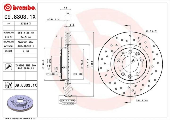 Produktbild Brembo Bremsscheibe XTRA LINE - gelocht/beschichtet 09.8303.1X