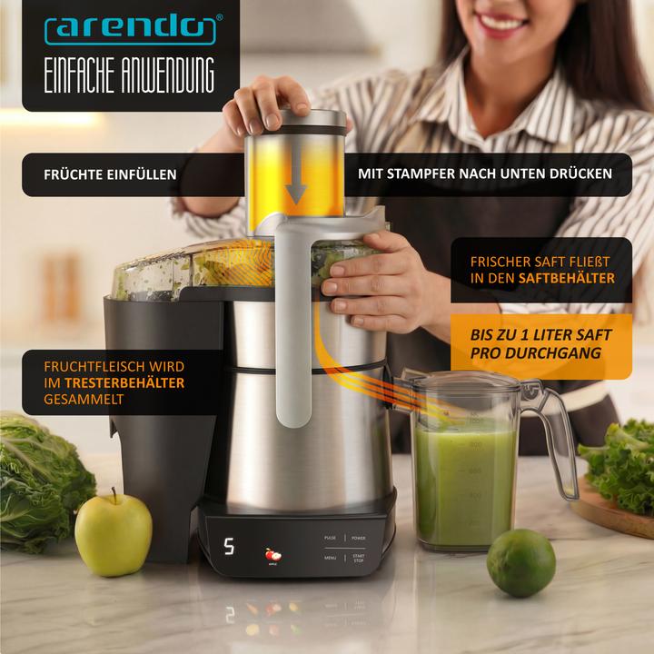 Actual product image Arendo Zentrifugalentsafter,1000W, Edelstahl, XXL-Einfüllschacht, Programme, BPA-frei, Display, Tropfstopp