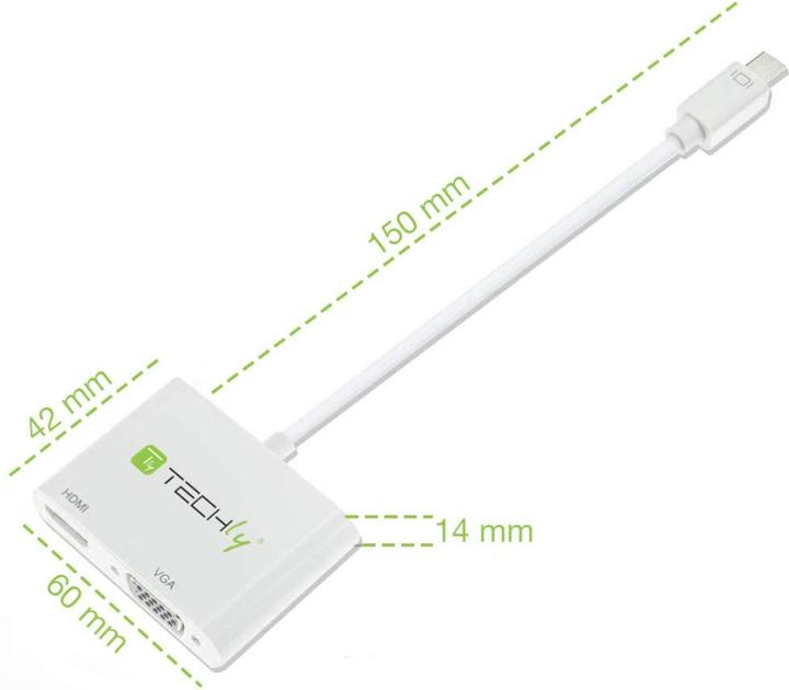 Produktbild Techly IADAP-MDP-VGAH12. Kabellänge: 0,15 m, Anschluss 1: Mini DisplayPort, Anschluss 2: HDMI + VGA (D-Sub) (HDMI, Mini DP, 6 cm)